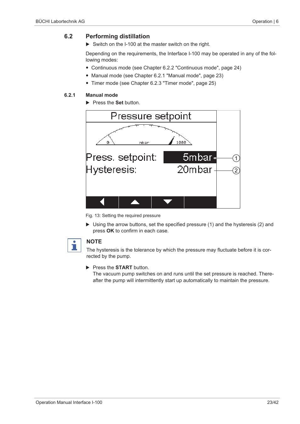 2 performing distillation, 1 manual mode | BUCHI Interface I-100 User Manual | Page 23 / 42