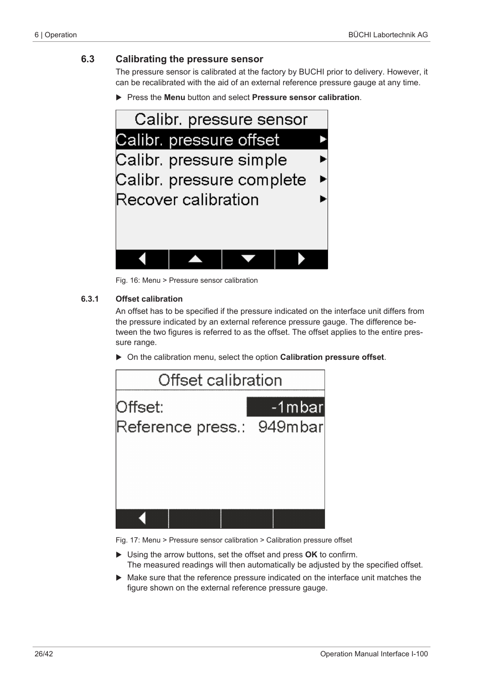 3 calibrating the pressure sensor, 1 offset calibration | BUCHI Interface I-100 User Manual | Page 26 / 42