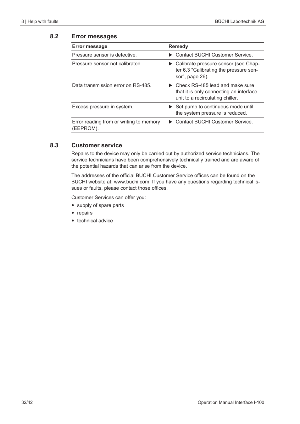 2 error messages, 3 customer service | BUCHI Interface I-100 User Manual | Page 32 / 42