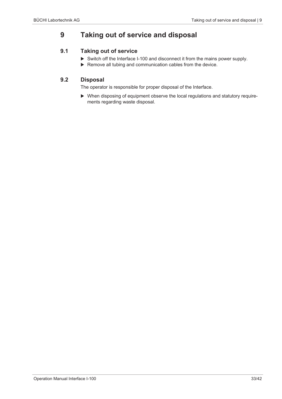 9 taking out of service and disposal, 1 taking out of service, 2 disposal | 9taking out of service and disposal | BUCHI Interface I-100 User Manual | Page 33 / 42