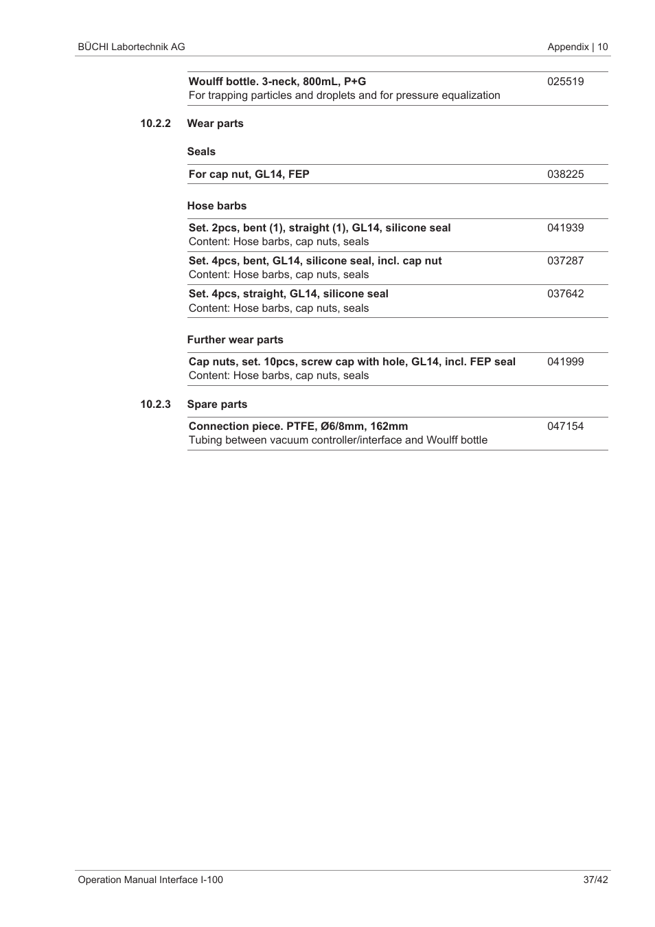 2 wear parts, 1 seals, 2 hose barbs | 3 further wear parts, 3 spare parts | BUCHI Interface I-100 User Manual | Page 37 / 42