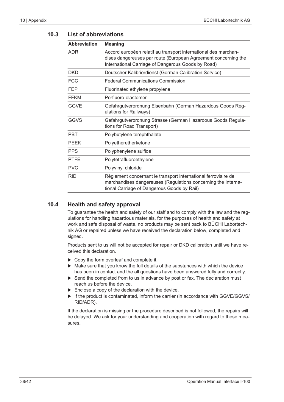 3 list of abbreviations, 4 health and safety approval | BUCHI Interface I-100 User Manual | Page 38 / 42