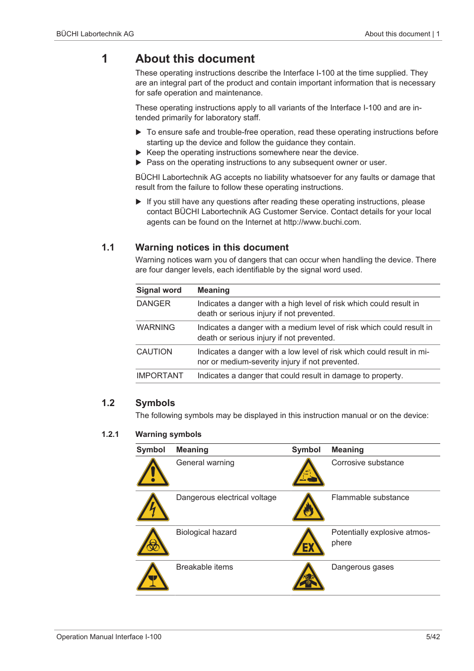 1 about this document, 1 warning notices in this document, 2 symbols | 1 warning symbols, 1about this document | BUCHI Interface I-100 User Manual | Page 5 / 42