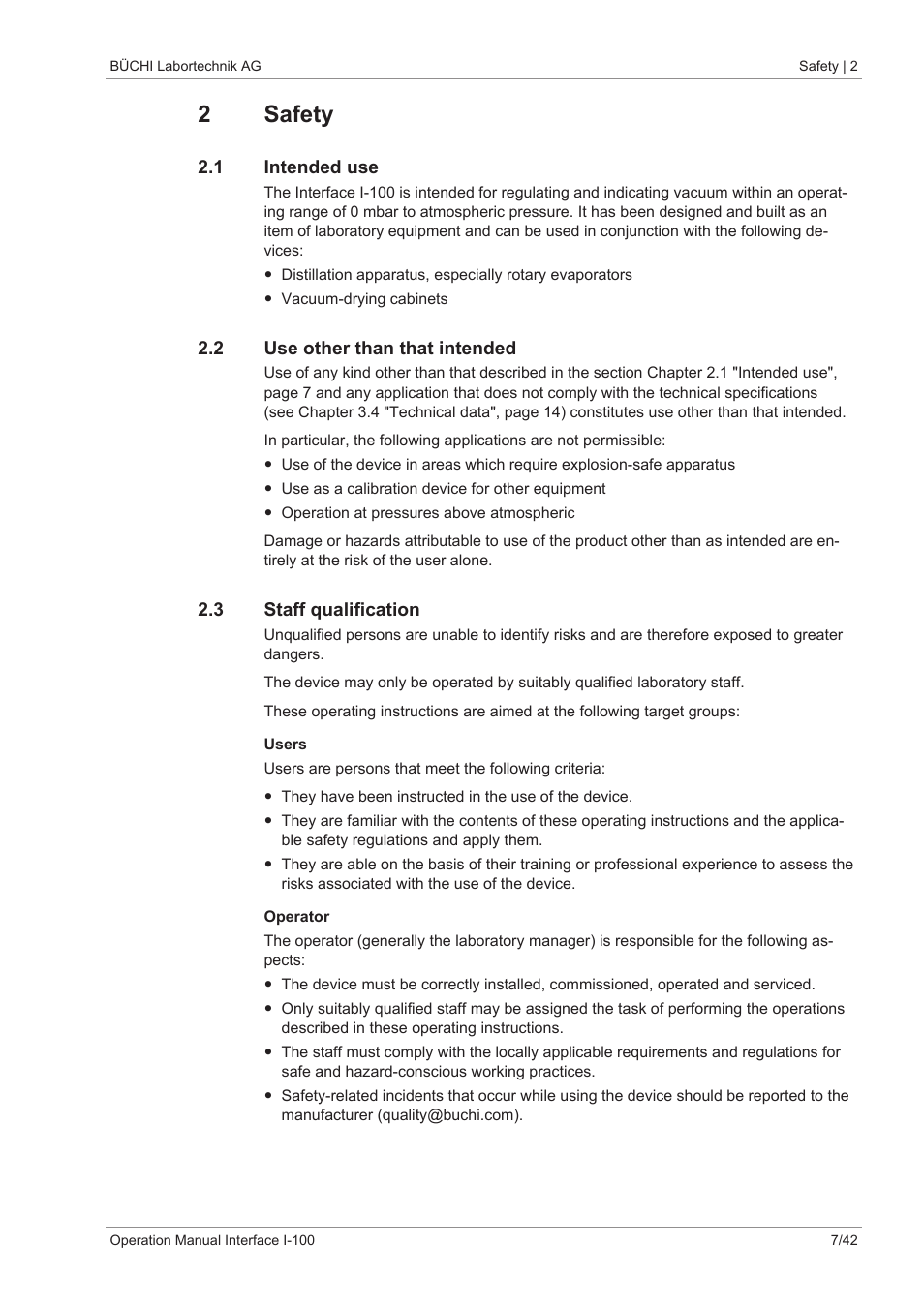 2 safety, 1 intended use, 2 use other than that intended | 3 staff qualification, 2safety | BUCHI Interface I-100 User Manual | Page 7 / 42