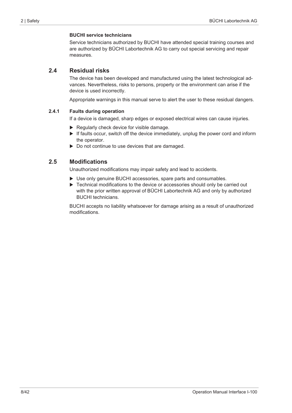 4 residual risks, 1 faults during operation, 5 modifications | BUCHI Interface I-100 User Manual | Page 8 / 42