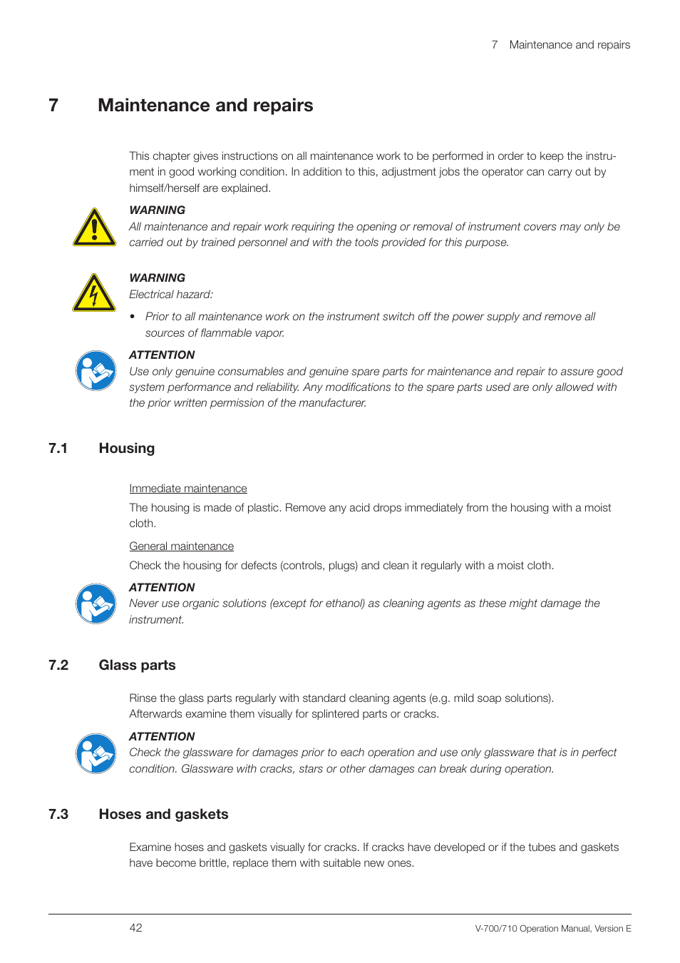 7 maintenance and repairs, 1 housing, 2 glass parts | 3 hoses and gaskets, Maintenance and repairs 7.1 housing 7.2, Glass parts, Hoses and gaskets, 7maintenance and repairs | BUCHI Vacuum Pump V-710 User Manual | Page 42 / 58