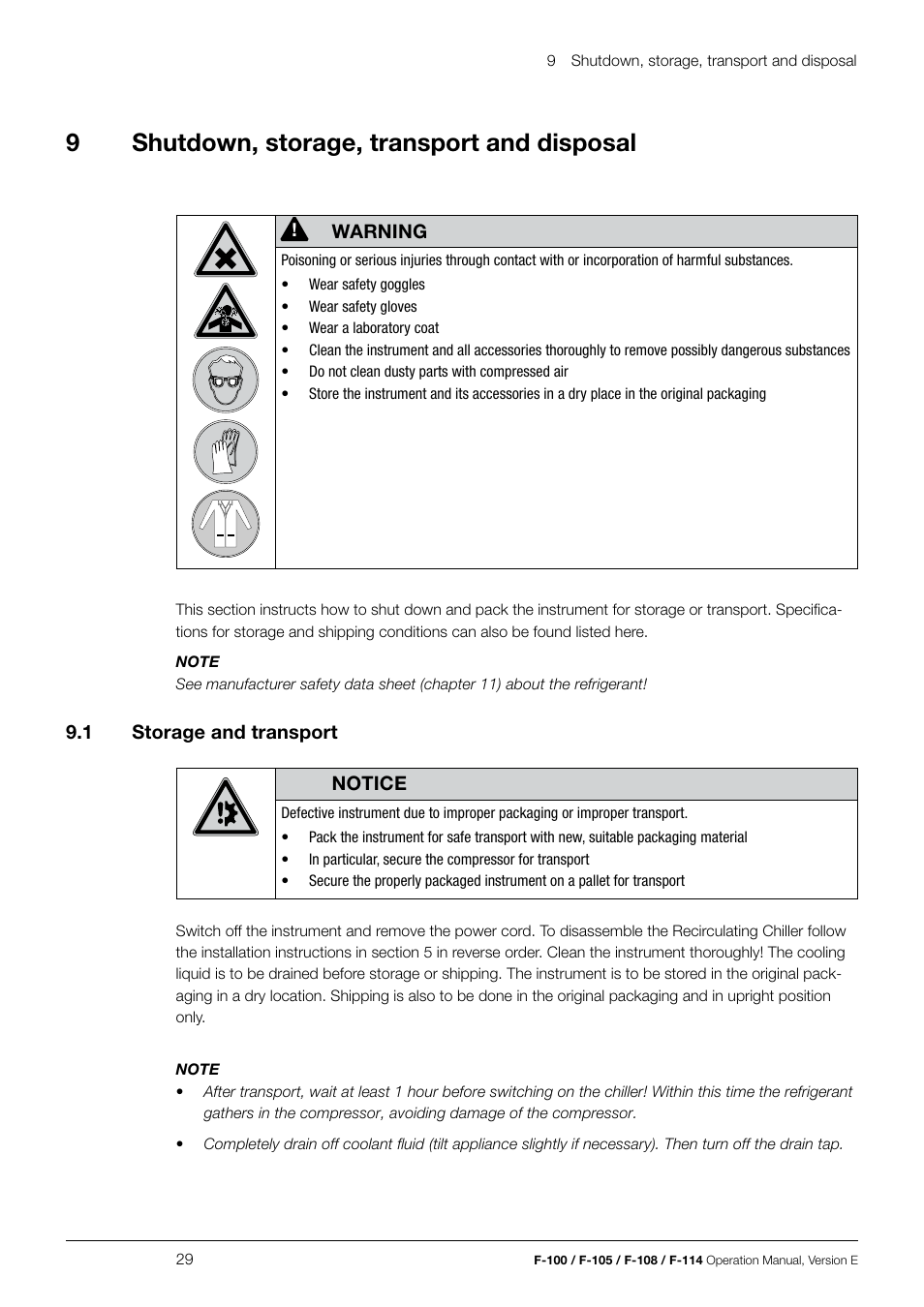 9shutdown, storage, transport and disposal | BUCHI Recirculating Chiller F-114 User Manual | Page 29 / 36