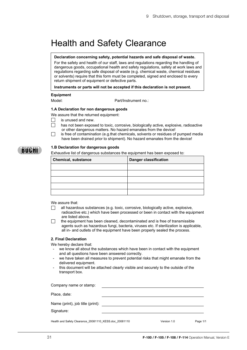 Health and safety clearance | BUCHI Recirculating Chiller F-114 User Manual | Page 31 / 36