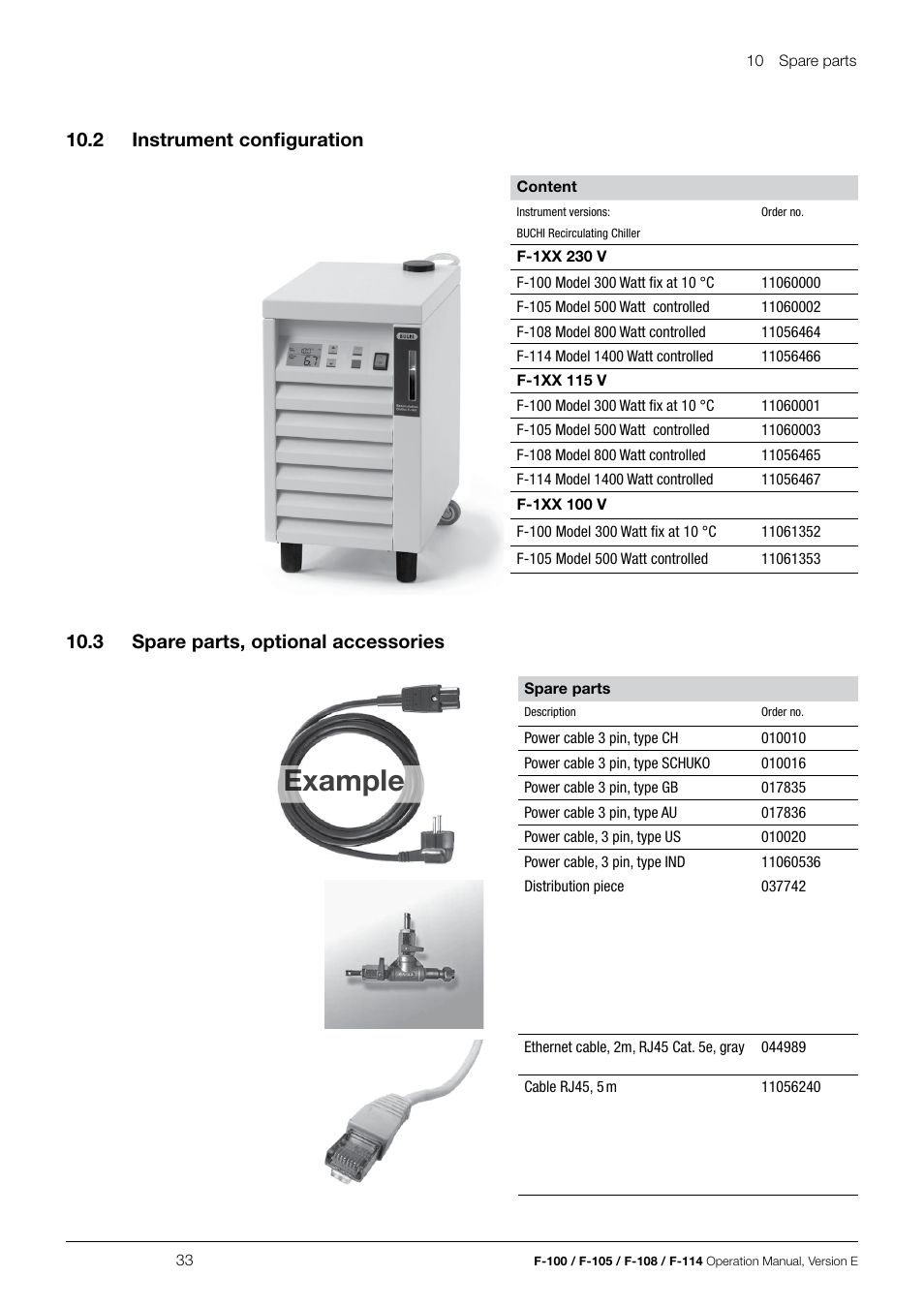 Example, 10 .2 instrument configuration, 10 .3 spare parts, optional accessories | BUCHI Recirculating Chiller F-114 User Manual | Page 33 / 36