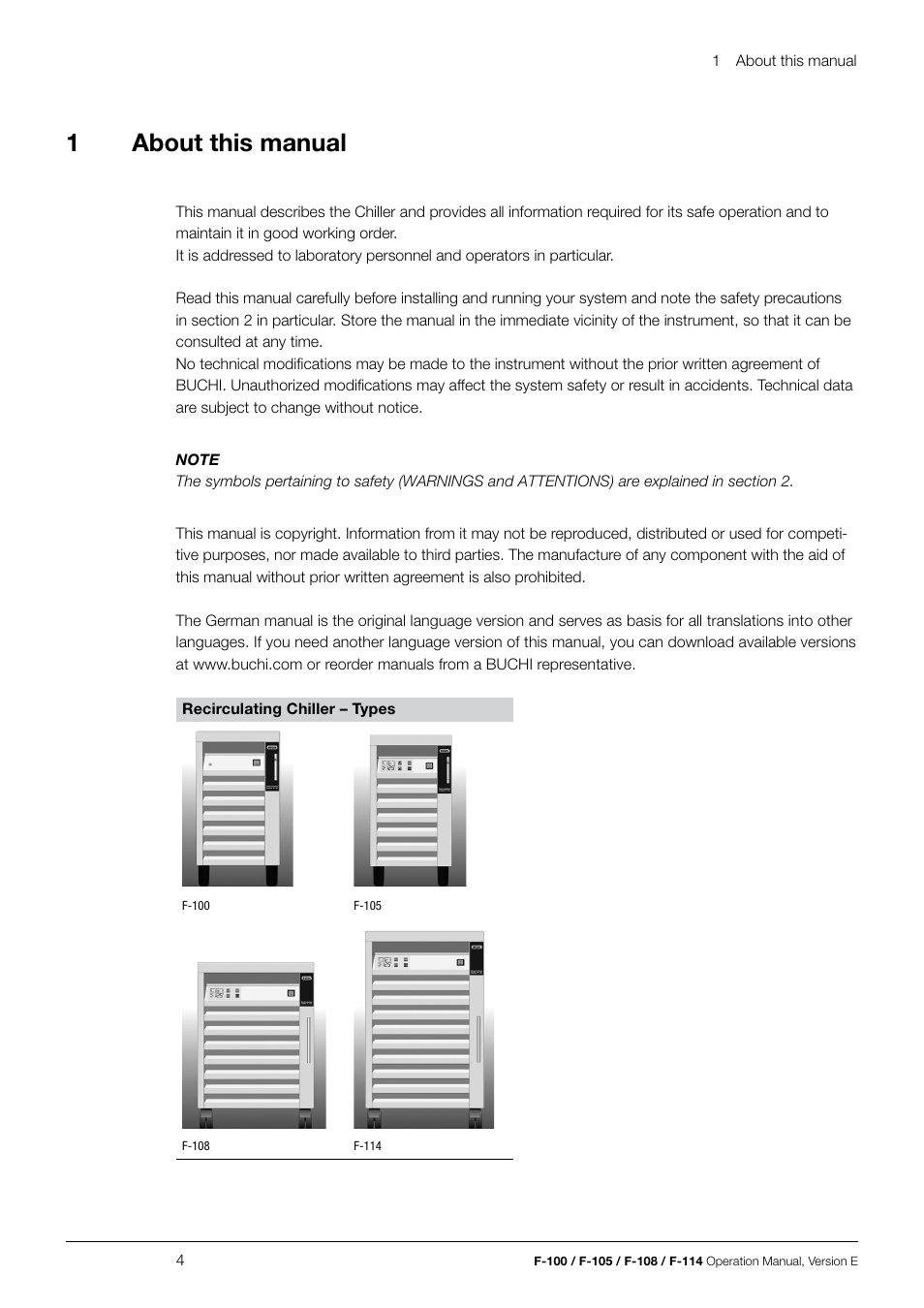 1about this manual | BUCHI Recirculating Chiller F-114 User Manual | Page 4 / 36