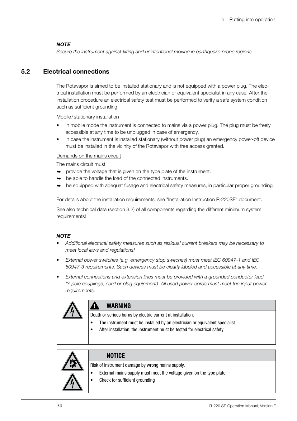 5 .2 electrical connections, Warning, Notice | BUCHI Rotavapo R-220 SE User Manual | Page 34 / 109