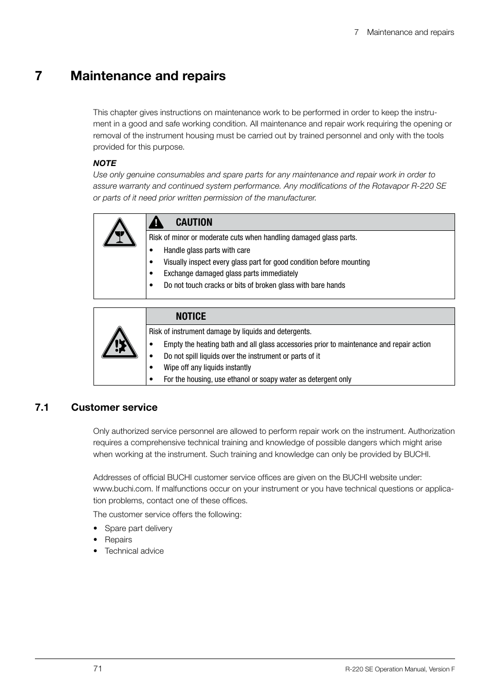 7maintenance and repairs | BUCHI Rotavapo R-220 SE User Manual | Page 71 / 109