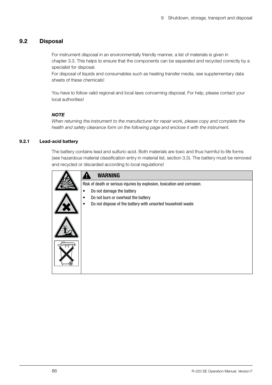 9 .2 disposal, Warning | BUCHI Rotavapo R-220 SE User Manual | Page 86 / 109