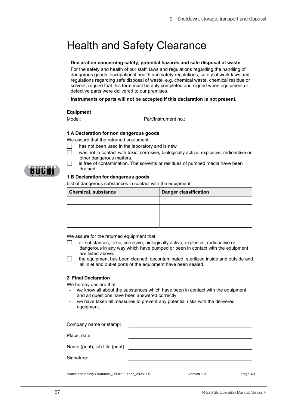 Health and safety clearance | BUCHI Rotavapo R-220 SE User Manual | Page 87 / 109