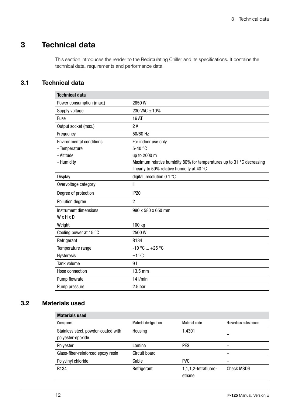 3technical data, 3 .1 technical data, 3 .2 materials used | BUCHI Recirculating Chiller F-125 User Manual | Page 12 / 35
