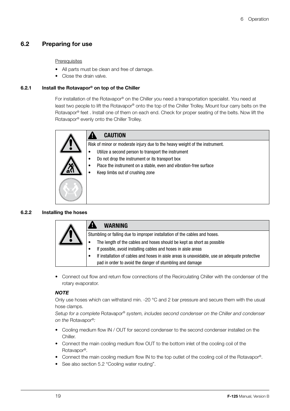 6 .2 preparing for use, Caution, Warning | BUCHI Recirculating Chiller F-125 User Manual | Page 19 / 35