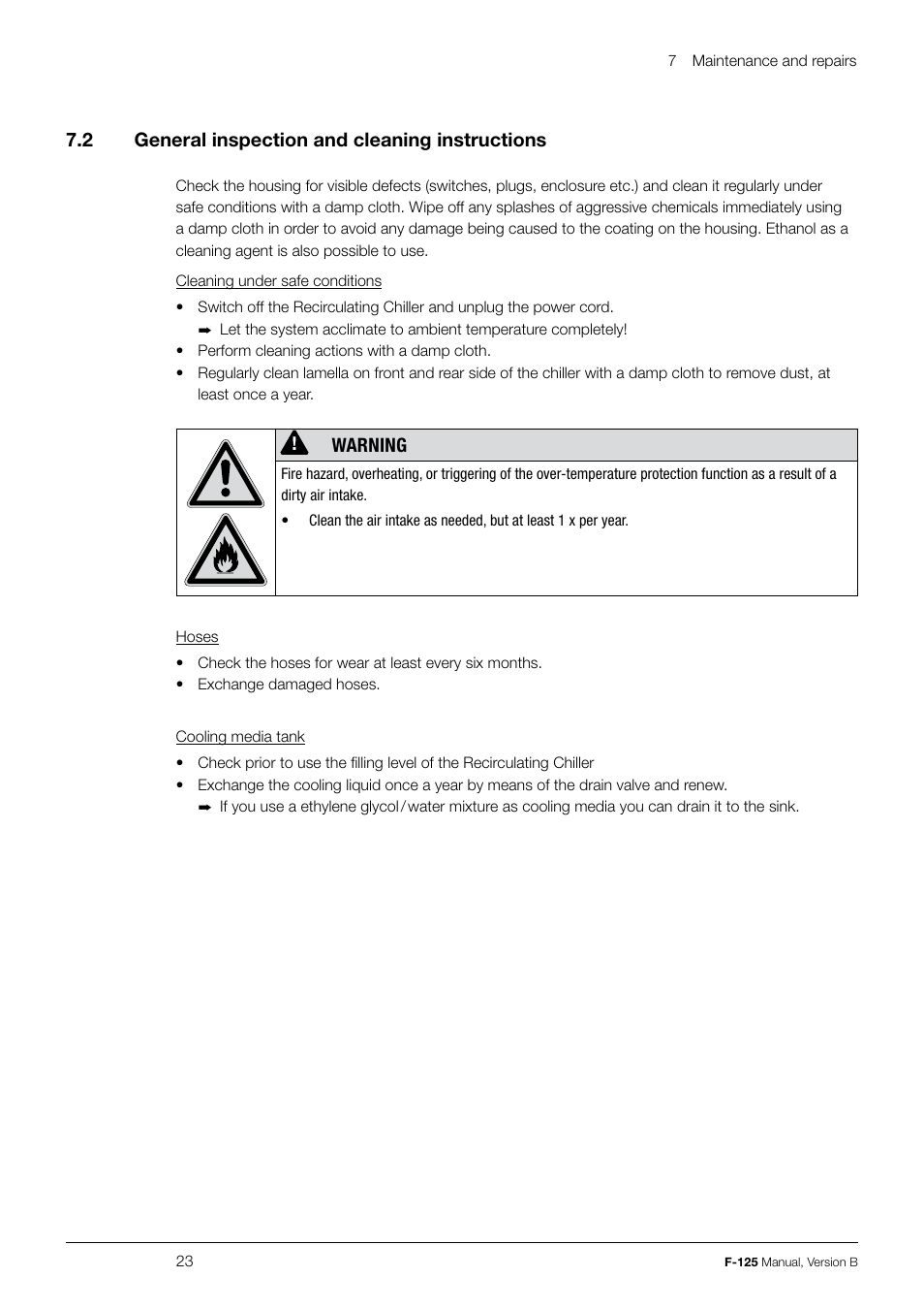 7 .2 general inspection and cleaning instructions, Warning | BUCHI Recirculating Chiller F-125 User Manual | Page 23 / 35