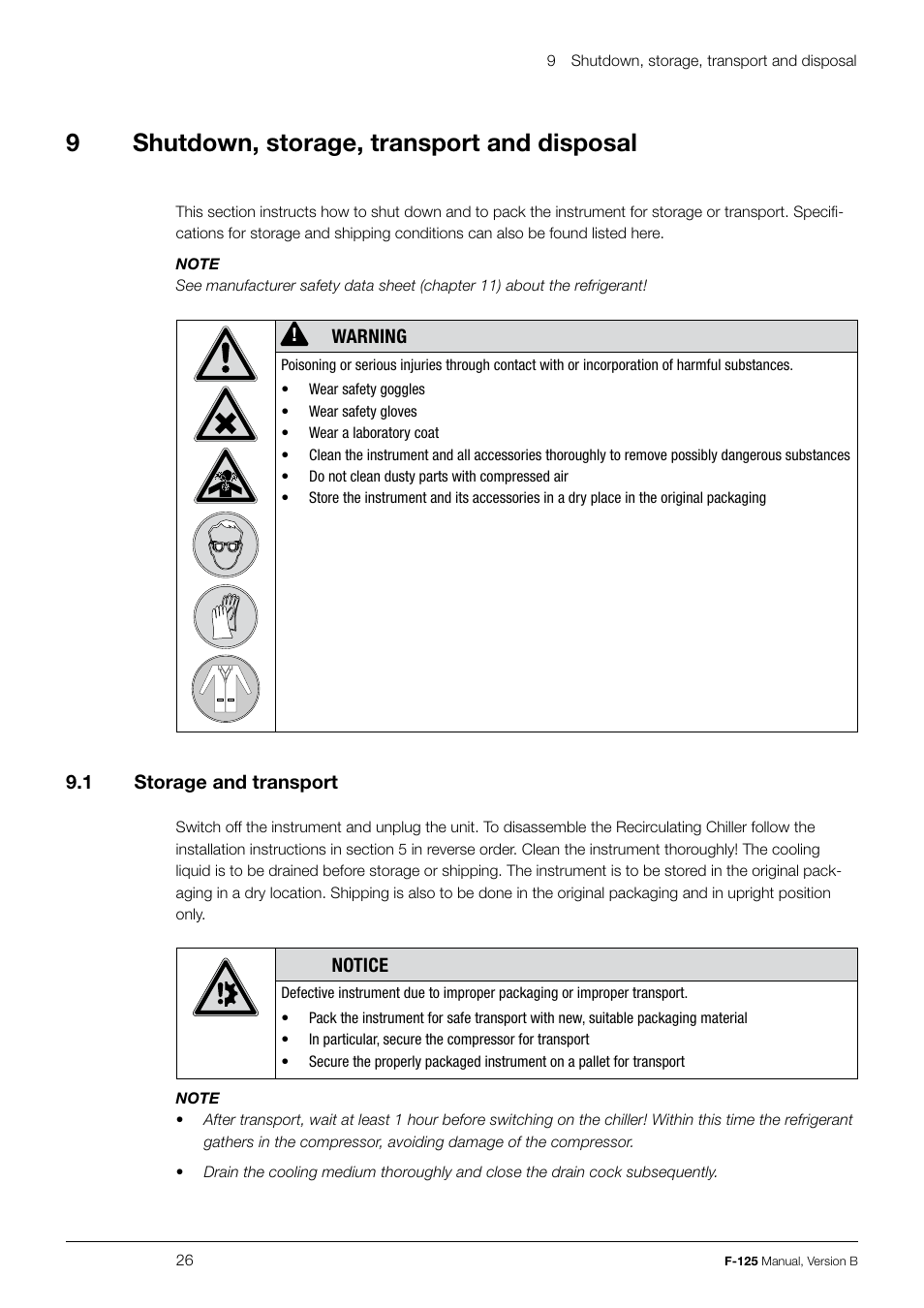 9shutdown, storage, transport and disposal | BUCHI Recirculating Chiller F-125 User Manual | Page 26 / 35