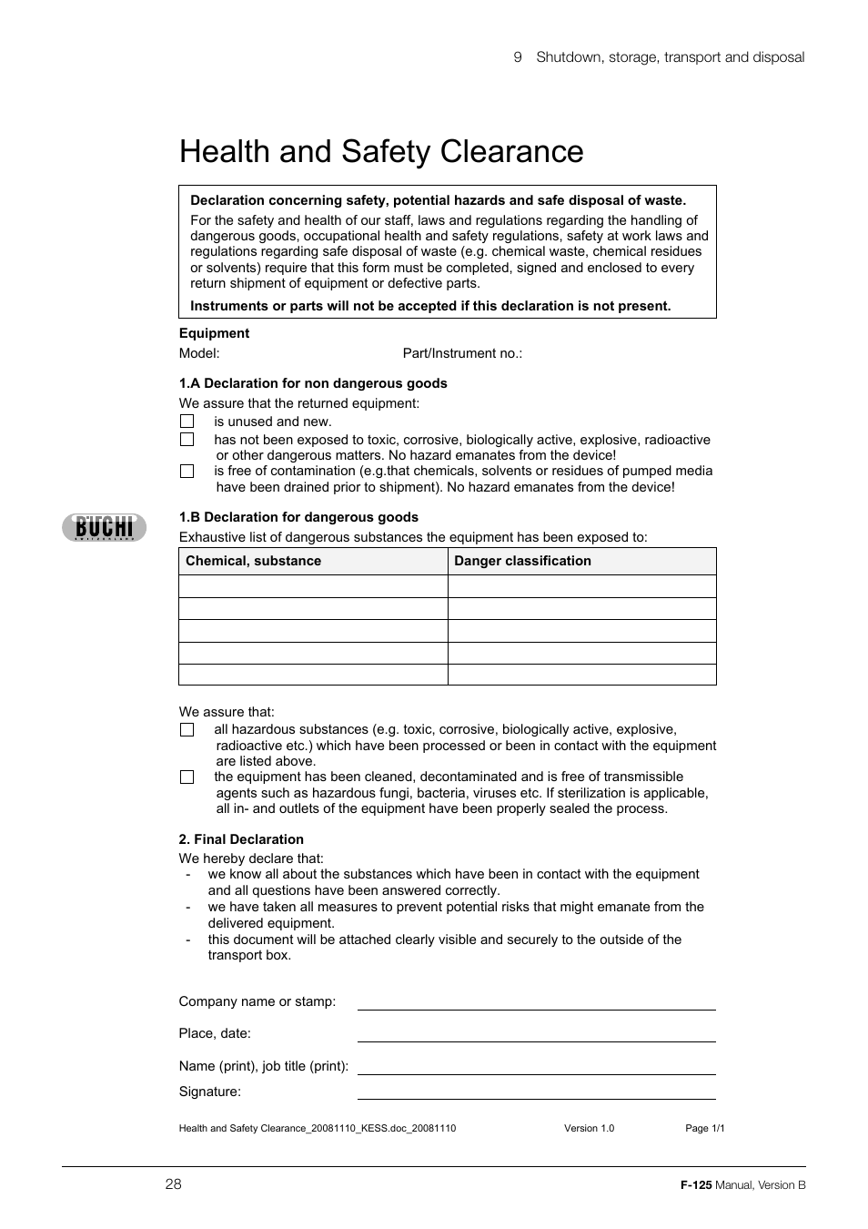 Health and safety clearance | BUCHI Recirculating Chiller F-125 User Manual | Page 28 / 35