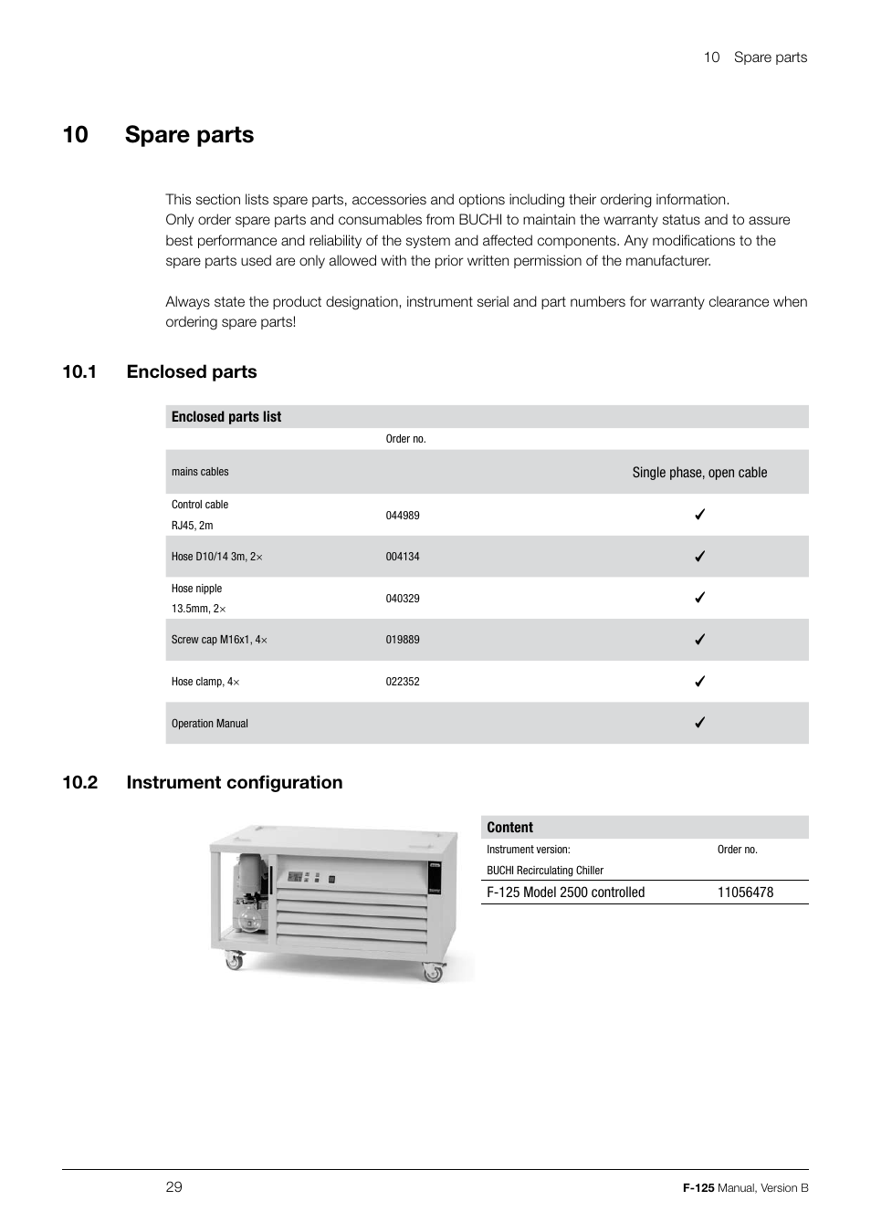 10 spare parts, 10 .1 enclosed parts, 10 .2 instrument configuration | BUCHI Recirculating Chiller F-125 User Manual | Page 29 / 35