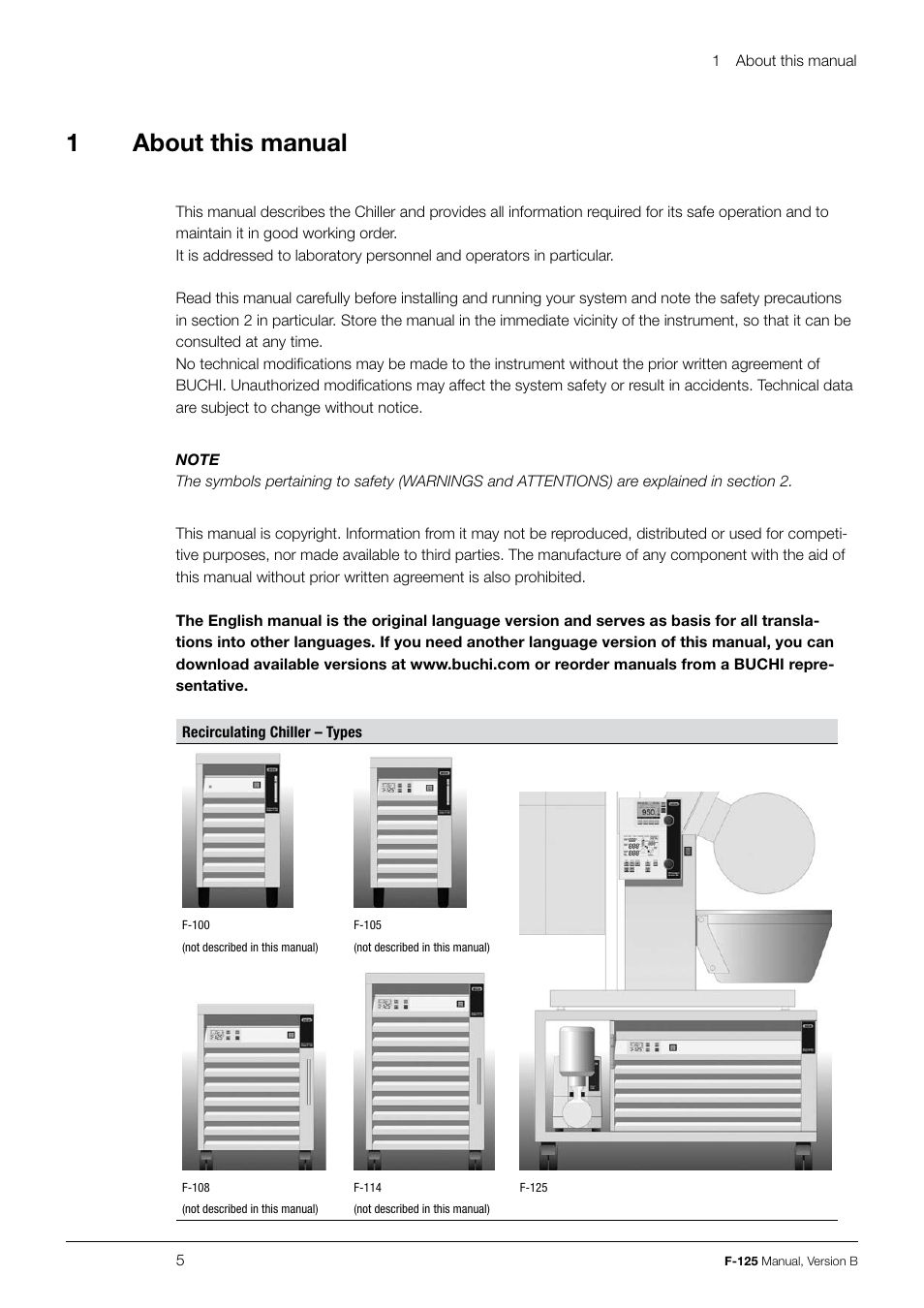 1about this manual | BUCHI Recirculating Chiller F-125 User Manual | Page 5 / 35