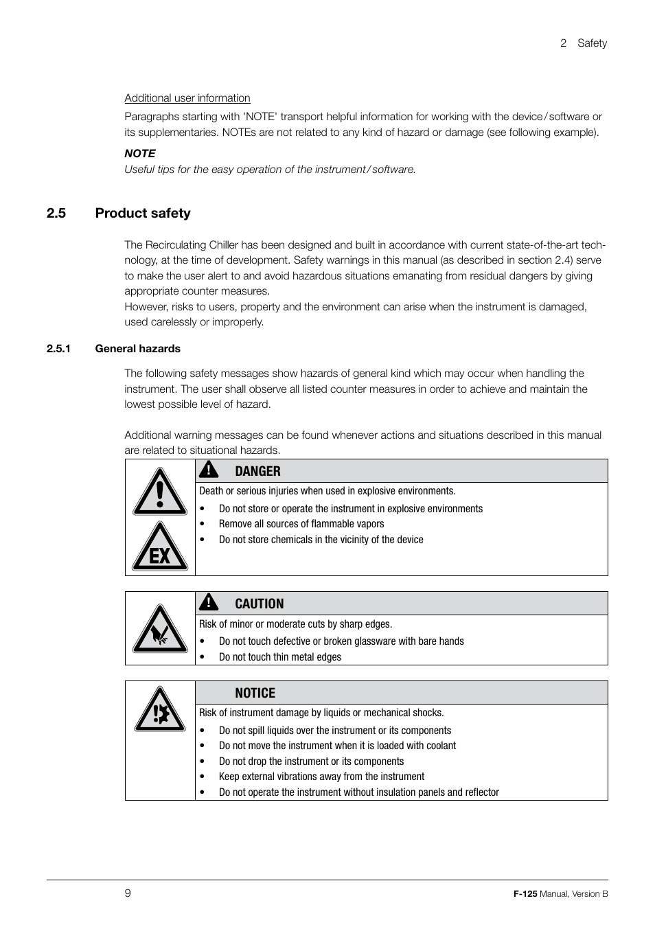 2 .5 product safety, Danger, Caution | Notice | BUCHI Recirculating Chiller F-125 User Manual | Page 9 / 35