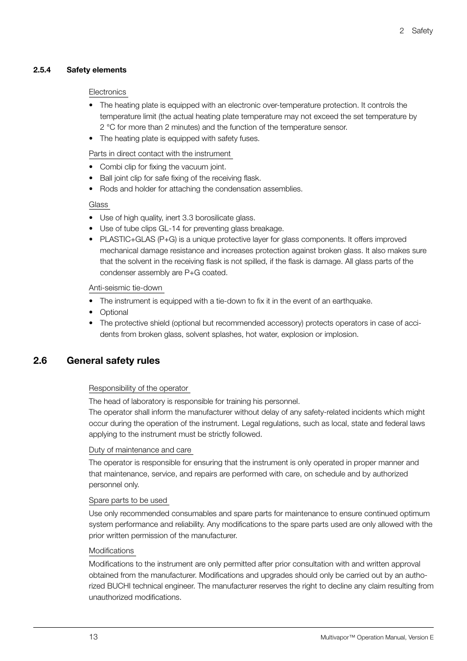 4 safety elements, 6 general safety rules, 4 safety elements 2.6 | General safety rules, 2 .6 general safety rules | BUCHI Multivapo P-12 User Manual | Page 13 / 76