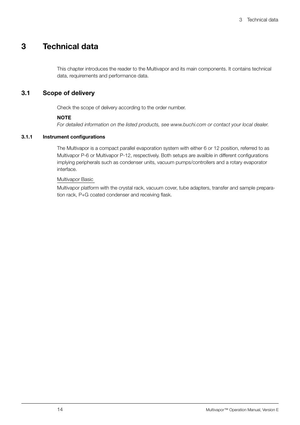 3 technical data, 1 scope of delivery, 1 instrument configurations | Technical data 3.1, Scope of delivery, 3technical data | BUCHI Multivapo P-12 User Manual | Page 14 / 76