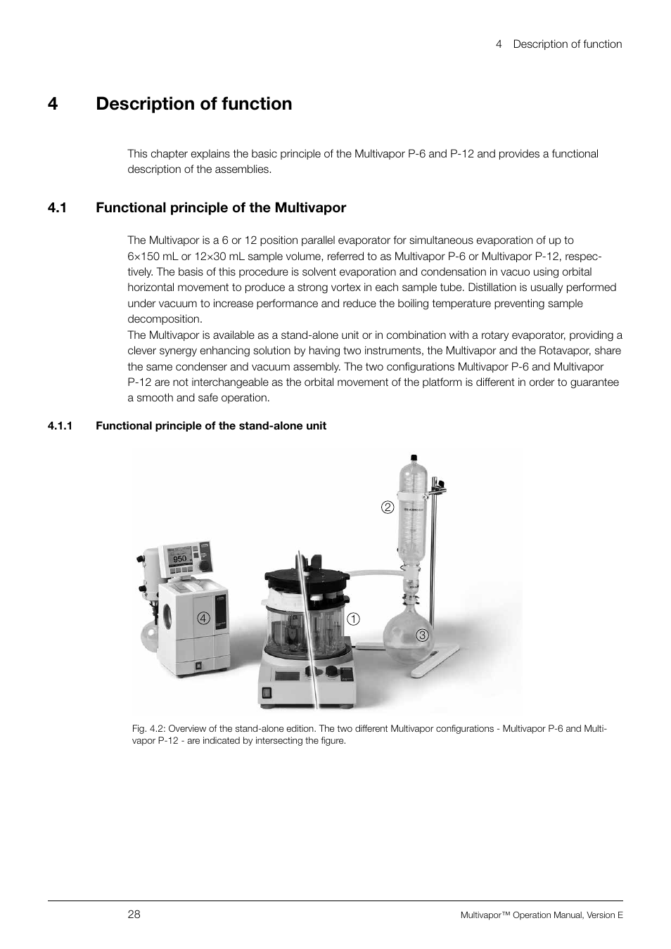 4 description of function, 1 functional principle of the multivapor, 1 functional principle of the stand-alone unit | Description of function 4.1, Functional principle of the multivapor, 4description of function | BUCHI Multivapo P-12 User Manual | Page 28 / 76