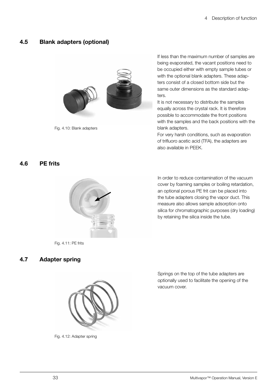 5 blank adapters (optional), 6 pe frits, 7 adapter spring | Blank adapters (optional), Pe frits, Adapter spring | BUCHI Multivapo P-12 User Manual | Page 33 / 76