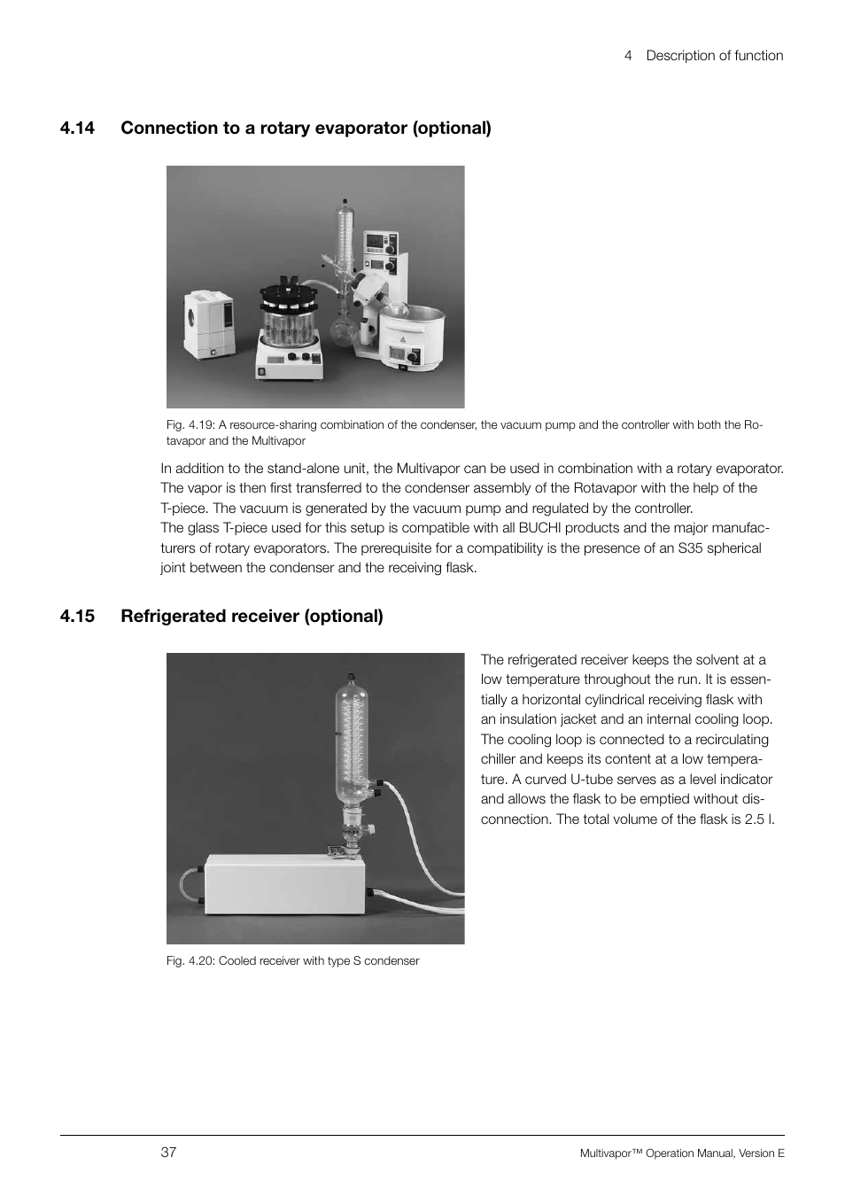 14 connection to a rotary evaporator (optional), 15 refrigerated receiver (optional), 4 .14 connection to a rotary evaporator (optional) | 4 .15 refrigerated receiver (optional) | BUCHI Multivapo P-12 User Manual | Page 37 / 76