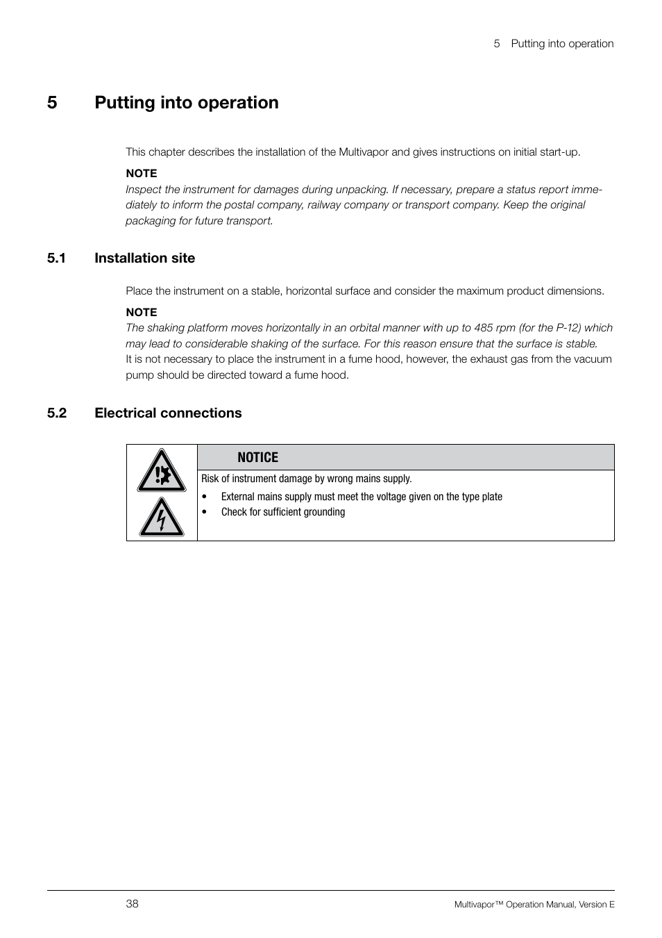 5 putting into operation, 1 installation site, 2 electrical connections | Putting into operation 5.1, Installation site, Electrical connections, 5putting into operation | BUCHI Multivapo P-12 User Manual | Page 38 / 76