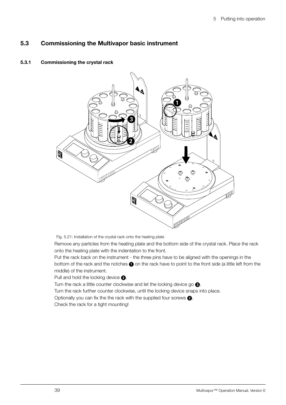 3 commissioning the multivapor basic instrument, 1 commissioning the crystal rack, Commissioning the multivapor basic instrument | ᕡᕢ ᕣ | BUCHI Multivapo P-12 User Manual | Page 39 / 76