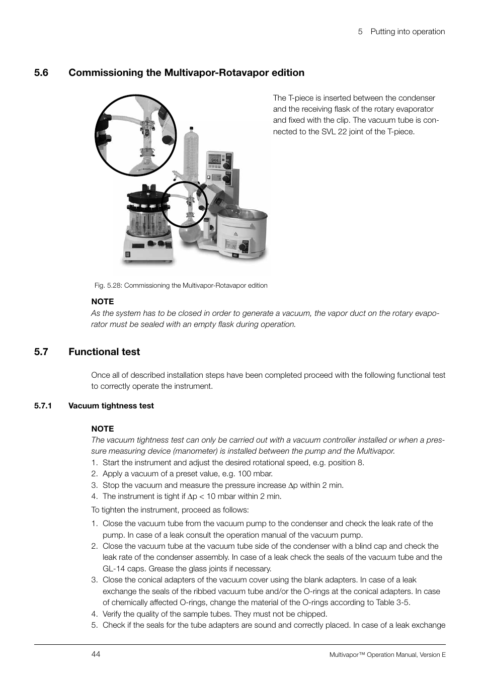 6 commissioning the multivapor-rotavapor edition, 7 functional test, 1 vacuum tightness test | Commissioning the multivapor-rotavapor edition, Functional test, 5 .7 functional test | BUCHI Multivapo P-12 User Manual | Page 44 / 76
