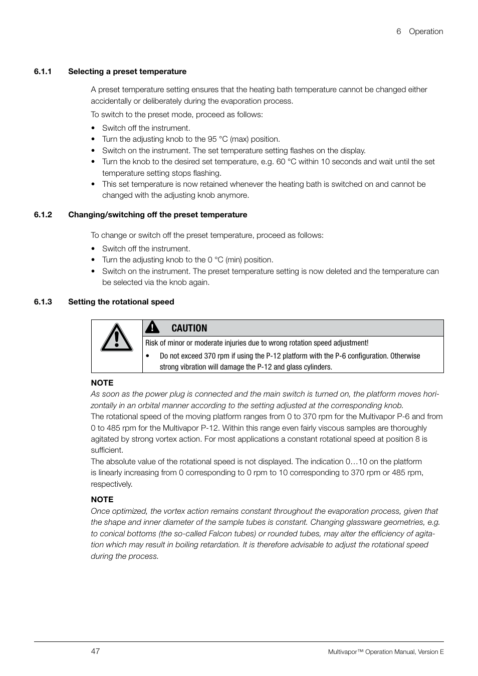 1 selecting a preset temperature, 2 changing/switching off the preset temperature, 3 setting the rotational speed | Caution | BUCHI Multivapo P-12 User Manual | Page 47 / 76