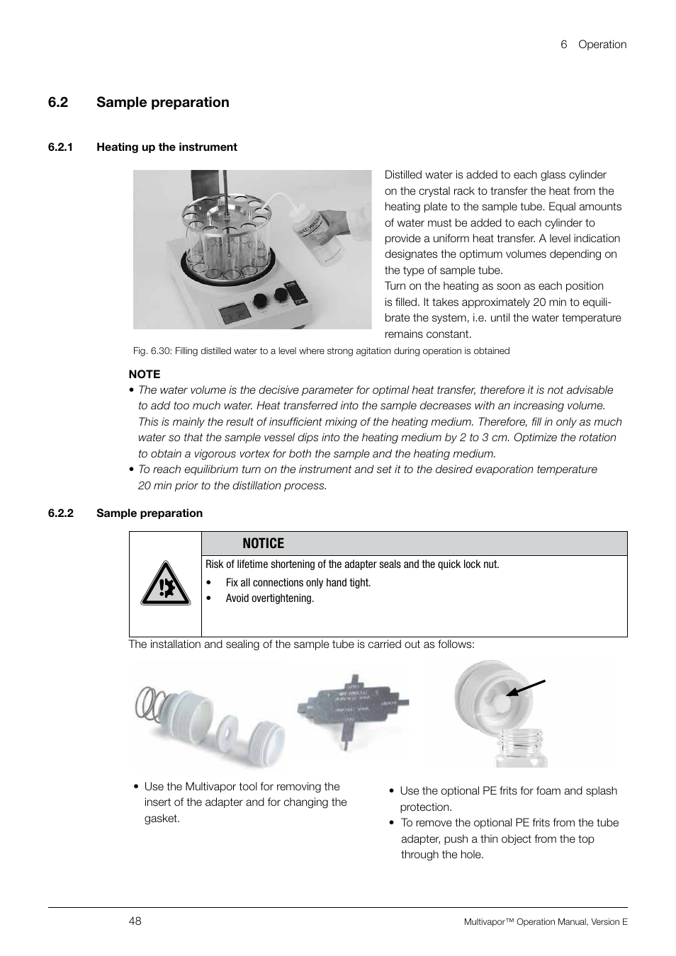 2 sample preparation, 1 heating up the instrument, Sample preparation | 6 .2 sample preparation, Notice | BUCHI Multivapo P-12 User Manual | Page 48 / 76