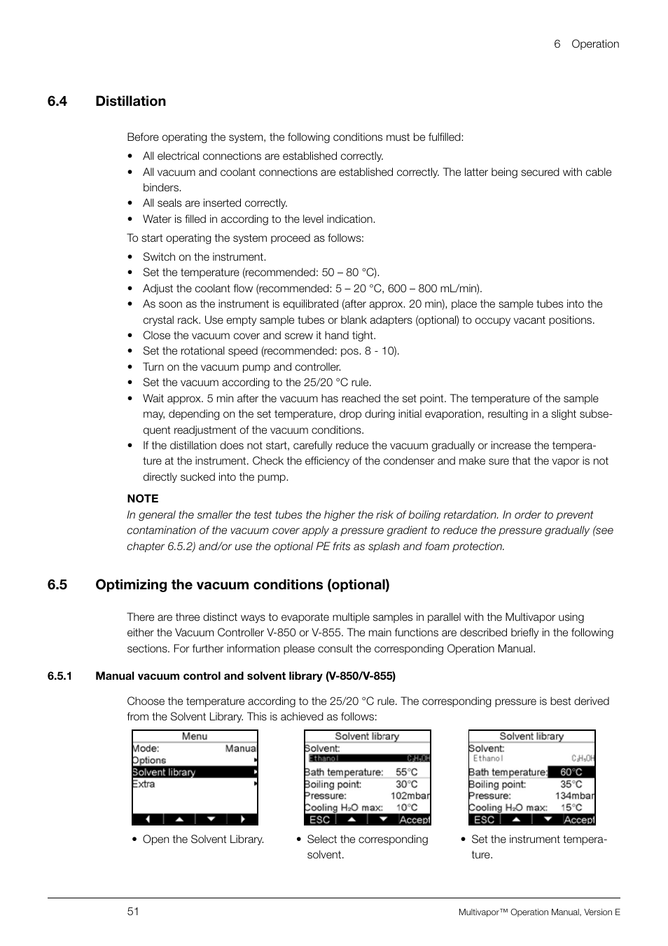 4 distillation, 5 optimizing the vacuum conditions (optional), 4 distillation 6.5 | Optimizing the vacuum conditions (optional), 6 .4 distillation, 6 .5 optimizing the vacuum conditions (optional) | BUCHI Multivapo P-12 User Manual | Page 51 / 76