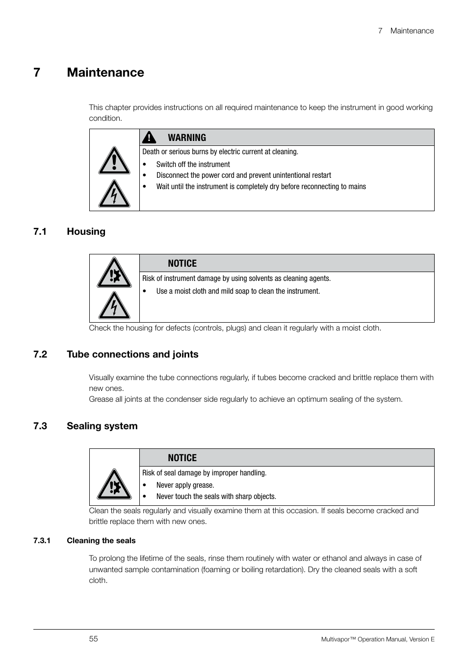 7 maintenance, 1 housing, 2 tube connections and joints | 3 sealing system, 1 cleaning the seals, 1 housing 7.2, Tube connections and joints, Sealing system, 7maintenance | BUCHI Multivapo P-12 User Manual | Page 55 / 76