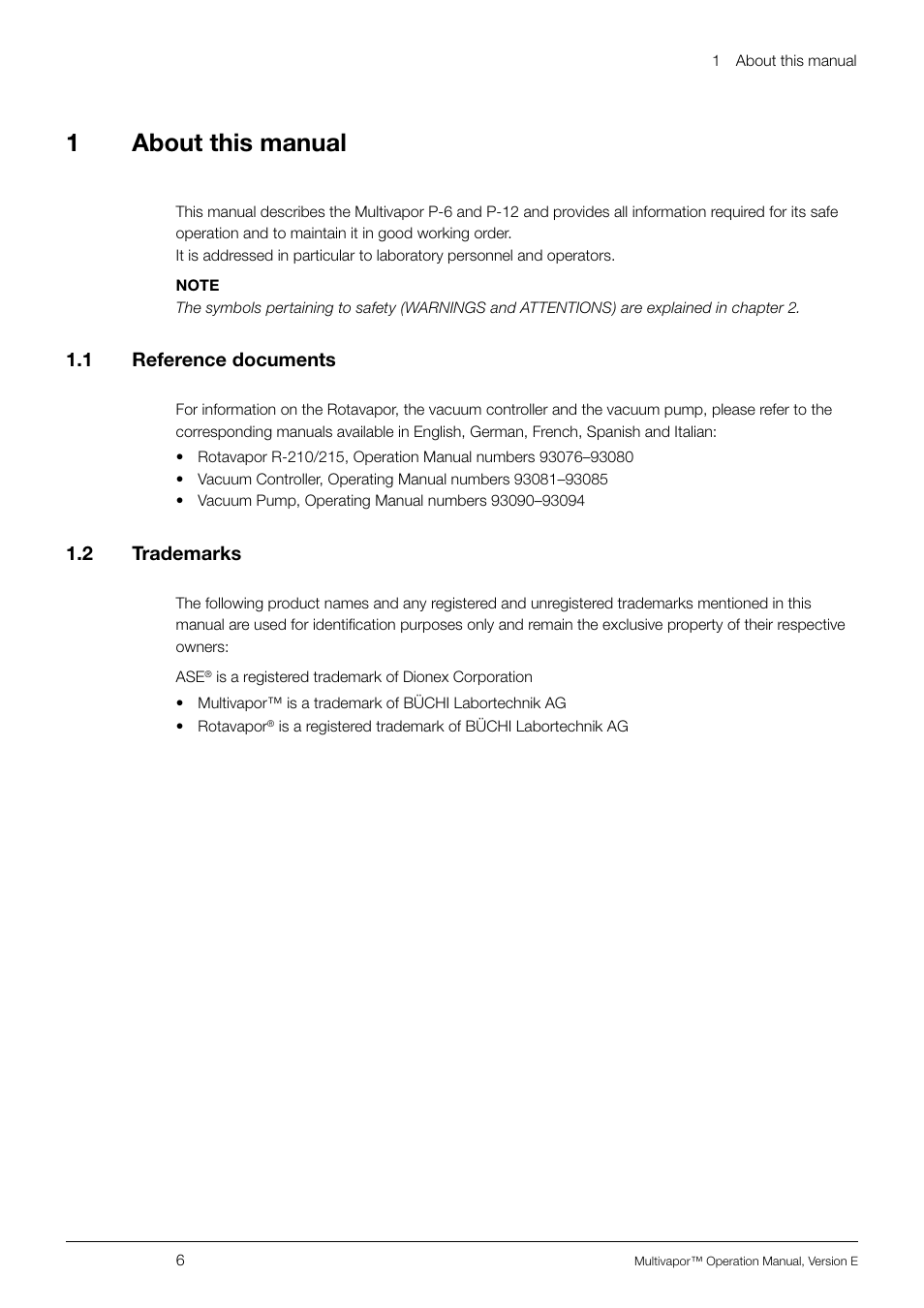 1 about this manual, 1 reference documents, 2 trademarks | About this manual 1.1, Reference documents, 1about this manual | BUCHI Multivapo P-12 User Manual | Page 6 / 76