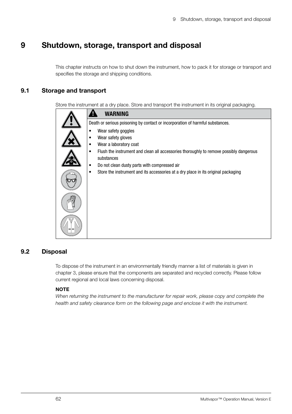 9 shutdown, storage, transport and disposal, 1 storage and transport, 2 disposal | Shutdown, storage, transport and disposal 9.1, Storage and transport, 9shutdown, storage, transport and disposal | BUCHI Multivapo P-12 User Manual | Page 62 / 76
