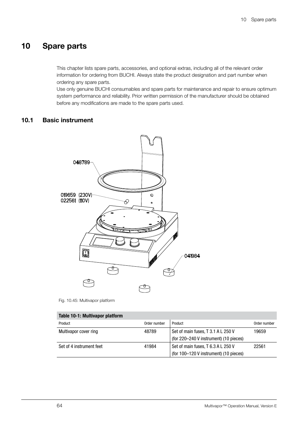 10 spare parts, 1 basic instrument, 10 .1 basic instrument | BUCHI Multivapo P-12 User Manual | Page 64 / 76