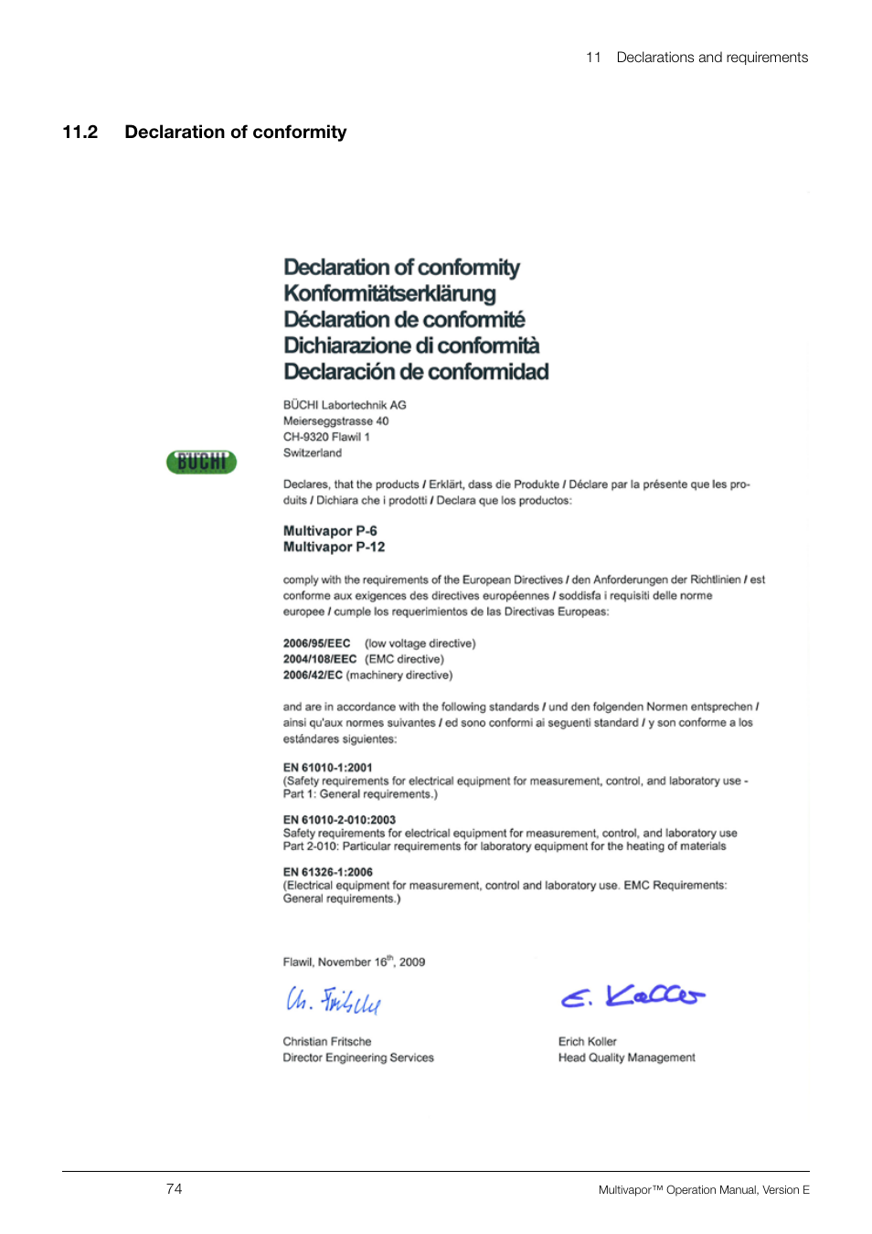 2 declaration of conformity, 11 .2 declaration of conformity | BUCHI Multivapo P-12 User Manual | Page 74 / 76