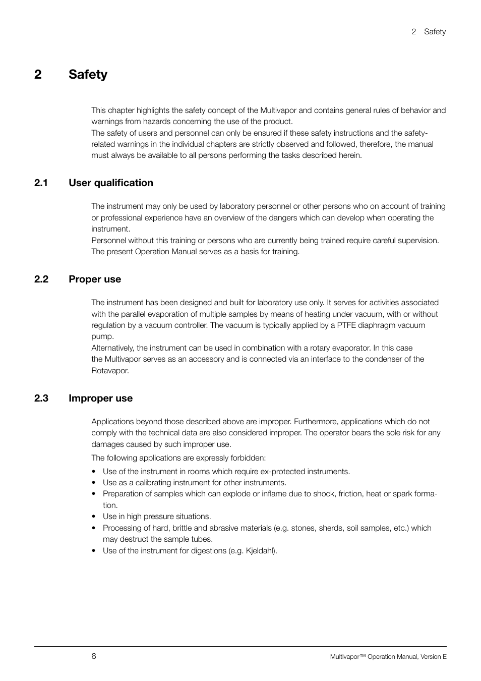 2 safety, 1 user qualification, 2 proper use | 3 improper use, User qualification, Proper use, Improper use, 2safety | BUCHI Multivapo P-12 User Manual | Page 8 / 76