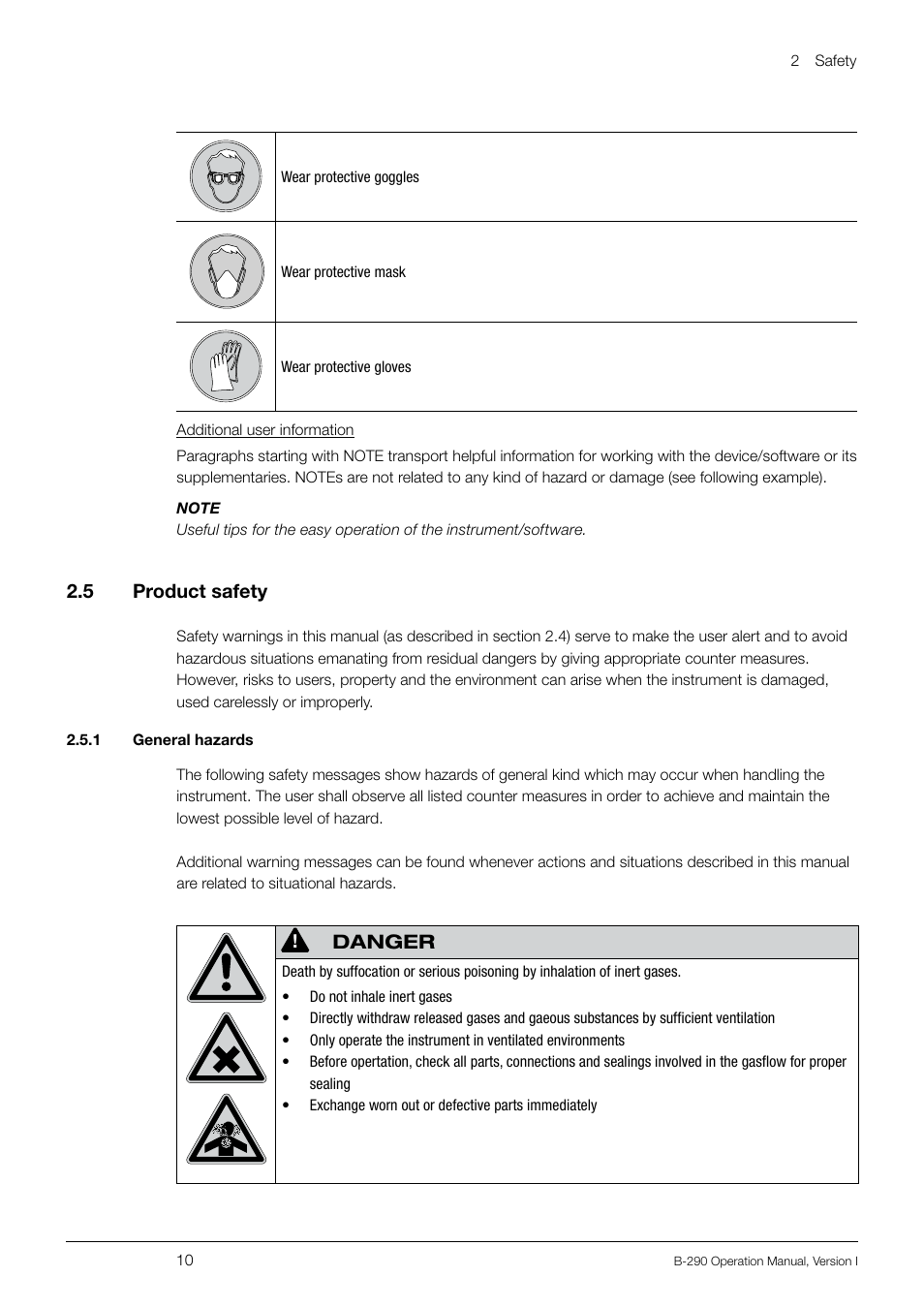 2 .5 product safety, Danger | BUCHI Inert Loop B-295 User Manual | Page 10 / 84