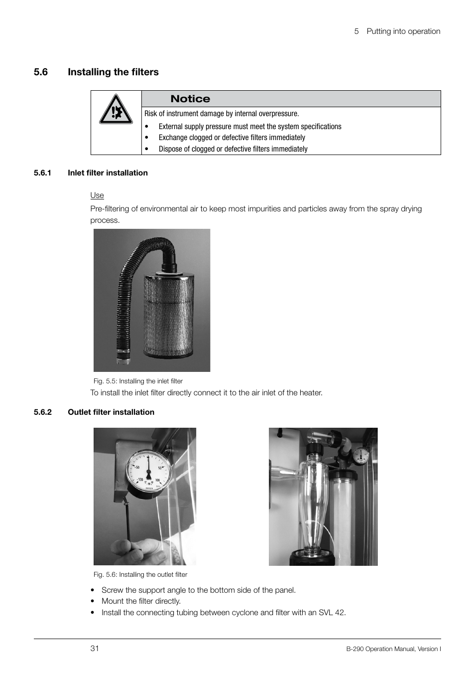 5 .6 installing the filters, Notice | BUCHI Inert Loop B-295 User Manual | Page 31 / 84