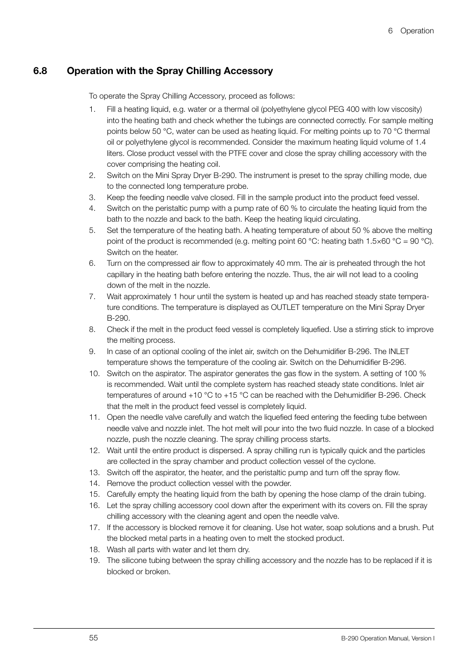 6 .8 operation with the spray chilling accessory | BUCHI Inert Loop B-295 User Manual | Page 55 / 84