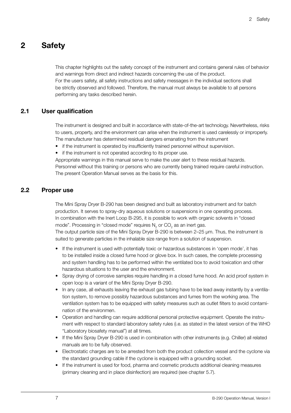 2safety, 2 .1 user qualification, 2 .2 proper use | BUCHI Inert Loop B-295 User Manual | Page 7 / 84