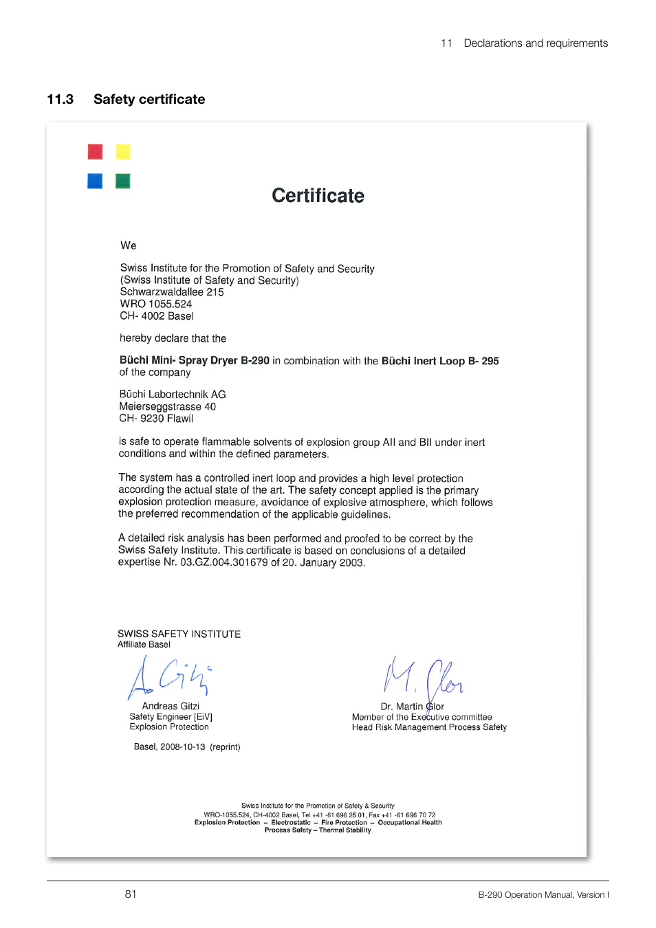11 .3 safety certificate | BUCHI Inert Loop B-295 User Manual | Page 81 / 84