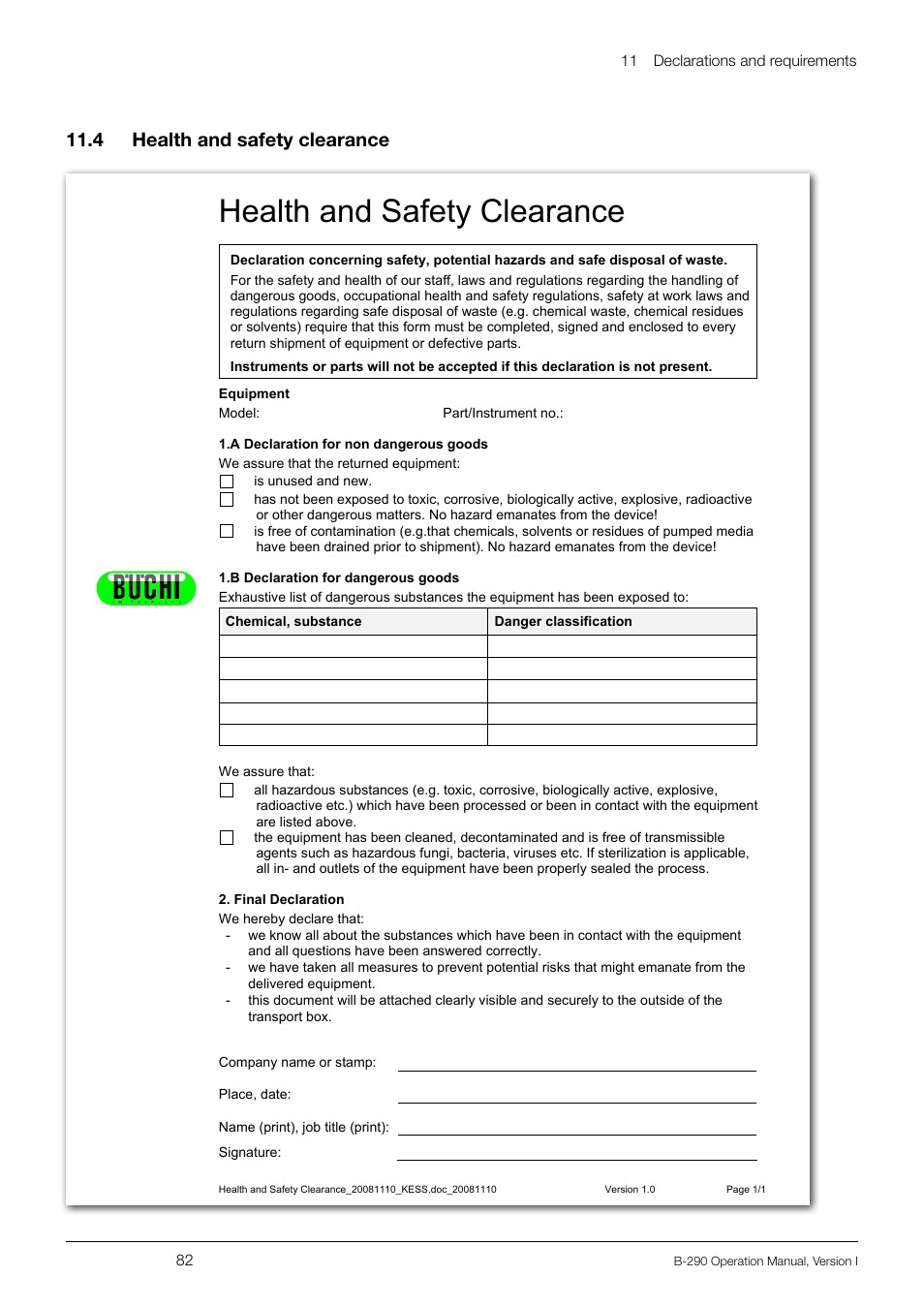 Health and safety clearance, 11 .4 health and safety clearance | BUCHI Inert Loop B-295 User Manual | Page 82 / 84