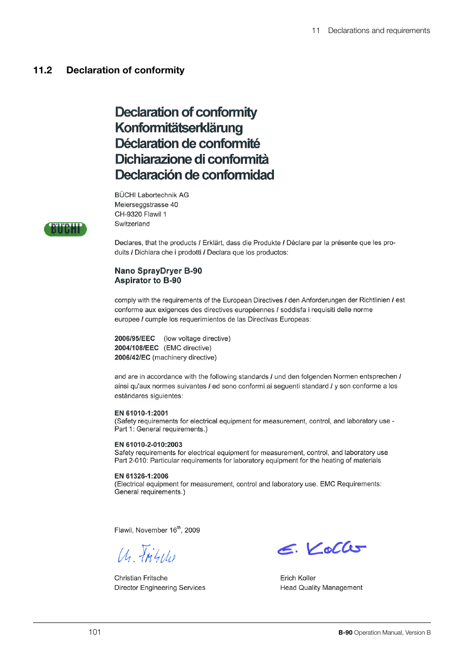 2 declaration of conformity | BUCHI Nano Spray Dryer B-90 User Manual | Page 101 / 104